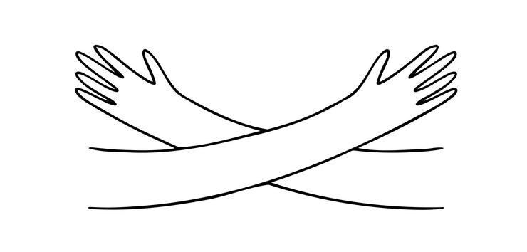 Abbracciando le mani scarabocchiare l'icona disegnata a mano abbracciare le braccia sostenere e aiutare a firmare il concetto di cura di sé e amore contorno di disegno linea simbolo clipart