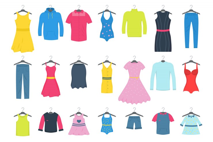 Vettore abiti e accessori set di icone di moda. nuova collezione di moda. abbigliamento casual uomo e donna su appendiabiti in negozio. concetto di vendita stagionale. illustrazione di uno stile piano piano. .
