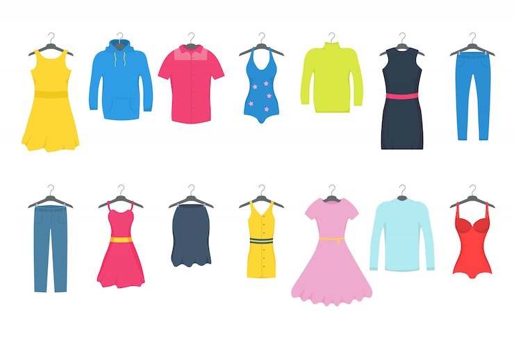 Vettore abiti e accessori set di icone di moda. uomini e donne abiti casual su una gruccia
