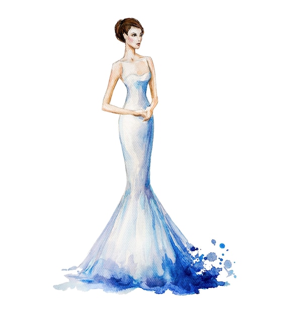 Abito lungo bianco, illustrazione di moda acquerello da sposa