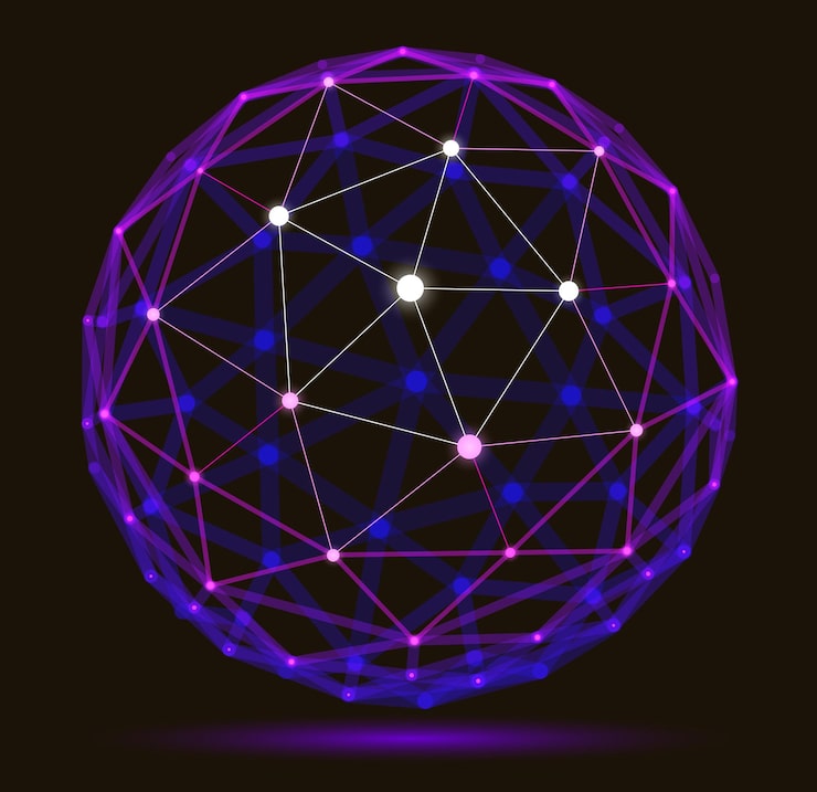 Vettore abstract 3d mesh sphere vector illustration dots connected with lines technology polygonal object dynamic tech and science lattice with realistic depth of field effect