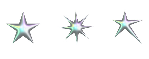 Abstract 3d metal holographic y2k elementi set stelle fiori e altre semplici forme geometriche