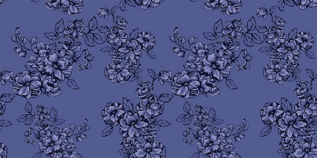 Abstract artistica fiori in fiore modello su sfondo blu linee stilizzate steli floreali stampa