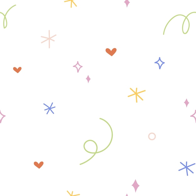 Abstract creative seamless pattern Endless background scribble texture design doodle elements shapes Heart lines stars squiggle and curls repeating print Flat vector illustration for fabric