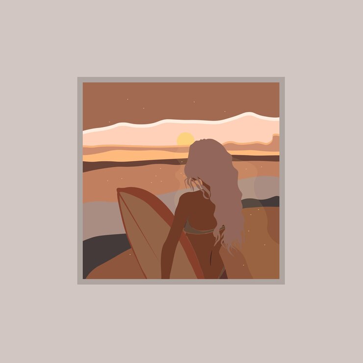 Vettore abstract fashion sunset beach girl in costume da bagno e surf trendy groovy illustrazione poster di sfondo