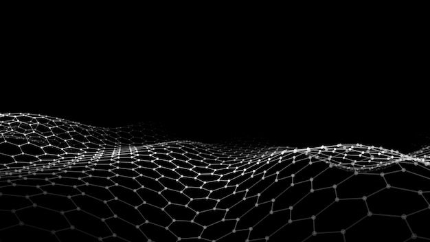 Abstract hexagon black wave con punti e linee in movimento Flusso di particelle Illustrazione di tecnologia informatica Illustrazione vettoriale