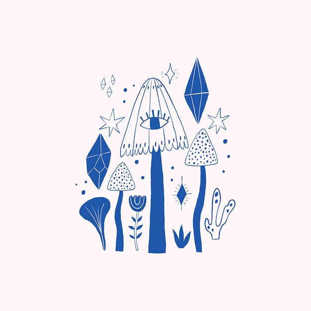 Abstract Illustrazione botanica blu con funghi e stelle