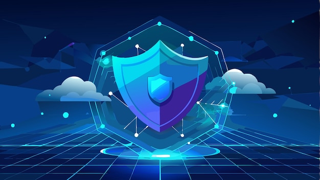 Abstract Security Shield e Glowing Blue Cloud con codice binario in stile Low Poly Wireframe