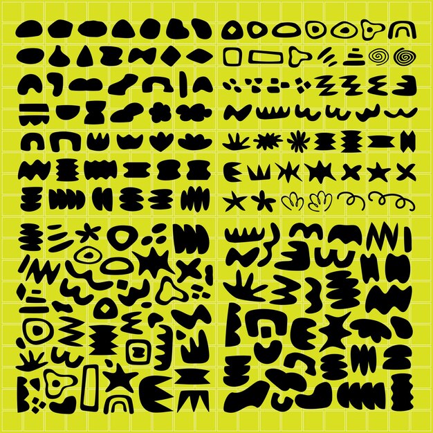 Abstract shapes in black on a yellow grid Shapes vary in size and form Bold black shapes contrast with yellow Shapes create a dynamic visual pattern Funky shapes vector set