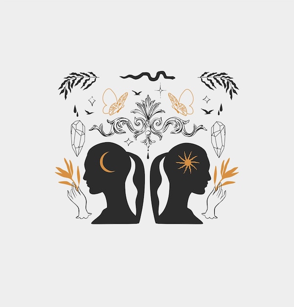 Abstract vettoriale disegnato a mano grafica magica strega donna fiori di luna e stelle in linea moderna minimalista