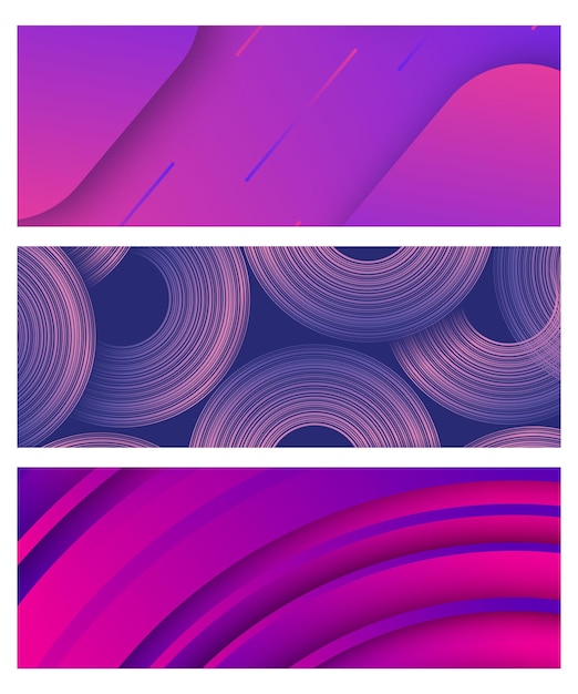 Abstract viola sfondi geometrici alla moda Banner design Set di tre bellissimi motivi futuristici dinamici design Illustrazione vettoriale