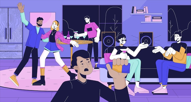 Abuso di alcol a casa festa cartone animato illustrazione piatta