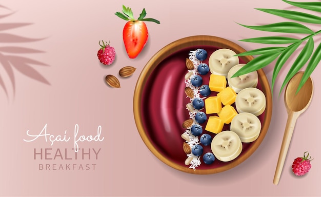 Acai ciotola vettoriale realistico mock up. Frutta fresca. Pagine del menu di posizionamento del prodotto