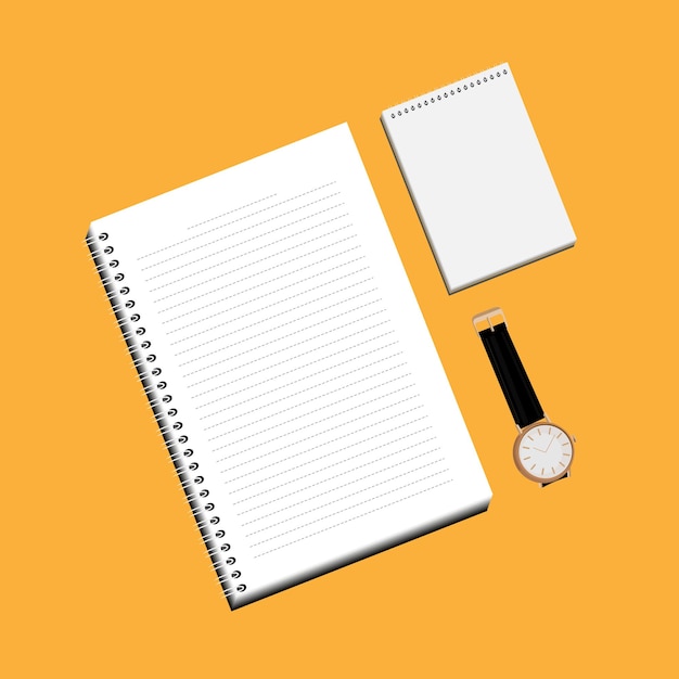 Accanto all'orologio da polso con cinturino nero sono posizionati un taccuino a righe bianche e un blocco note per scrivere note