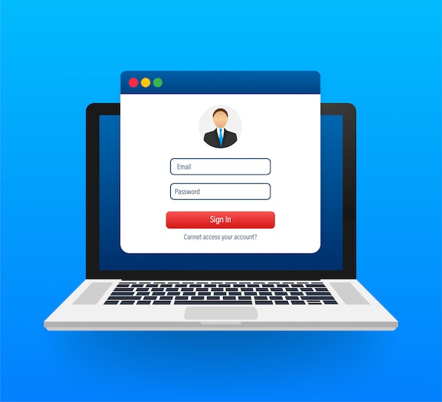 Accedi all'account, autorizzazione utente, concetto di pagina di autenticazione di accesso. Computer portatile con login e password modulo sullo schermo. illustrazione di riserva.