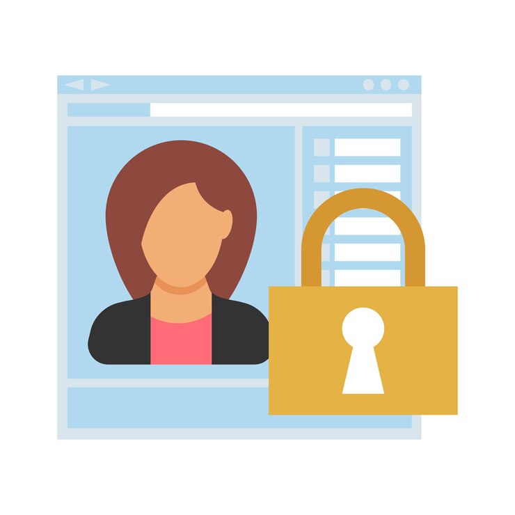 Accesso. Accesso chiuso al sito con i dati personali di una donna d'affari. Icona di persone in stile piatto. Illustrazione vettoriale
