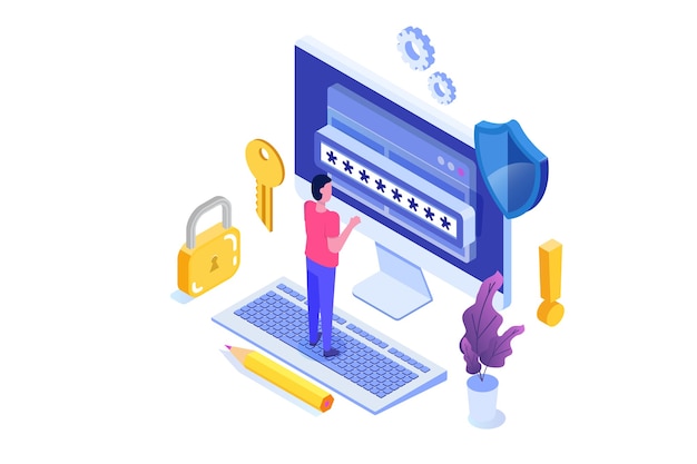 Accesso ai dati, concetto isometrico della password. Modulo di accesso sullo schermo.
