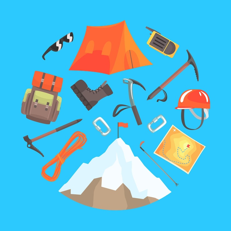 Vettore accessoiri e abbigliamento per escursioni in forma circolare alpinismo e avventura concept cartoon vector illustration
