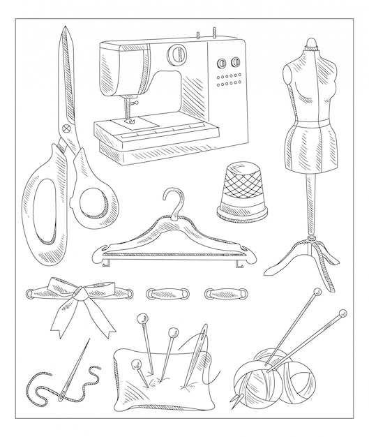Accessori da cucire in stile disegnato a mano