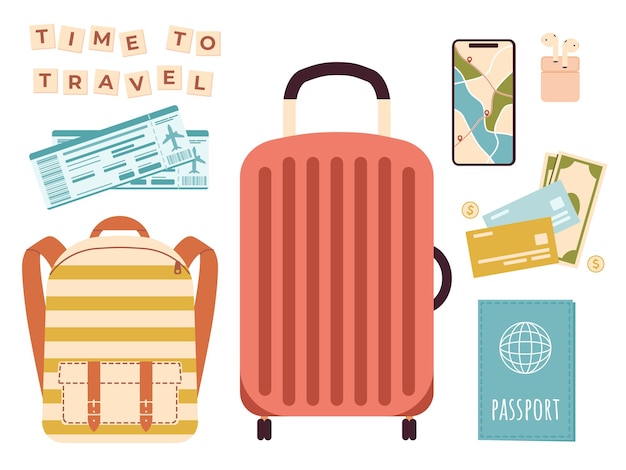 Accessori di viaggio per la pianificazione del viaggio Set di elementi di raccolta vettoriale multicolore per il tempo di viaggio