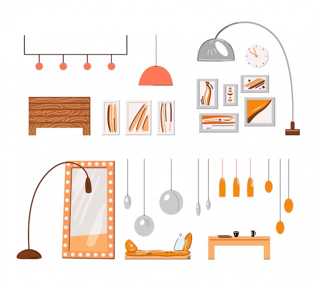 Accessori e dettagli minimalisti interni domestici accoglienti - lampade, cornici, luci, specchi e tavolini da salotto isolati su bianco. Set di mobili per interni, accogliente casa nella tavolozza arancione.