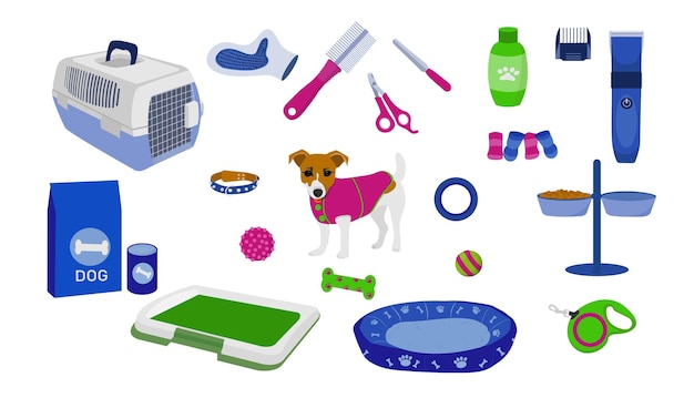 Accessori per cani vari prodotti per negozi di animali Illustrazione vettoriale