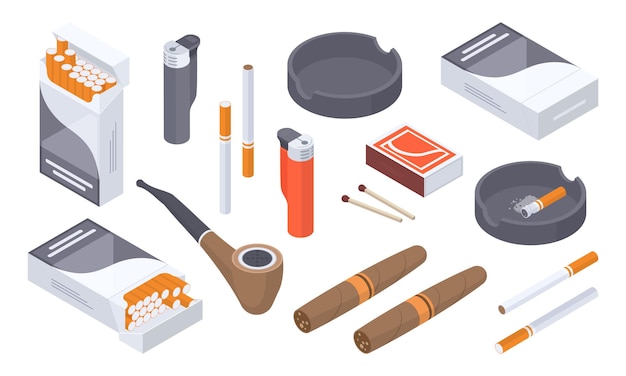 Accessori per fumatori isometrici Fumo di nicotina sigarette di tabacco pipa sigaro fiammiferi scatola e raccolta di illustrazioni vettoriali 3d più leggere