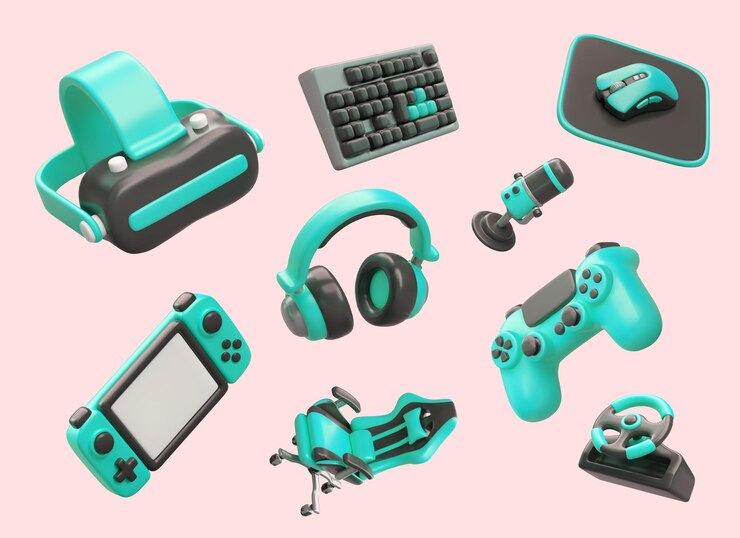Vettore accessori per giocatori realistici gadget per la realtà virtuale sedia per tastiera, mouse, microfono, cuffie