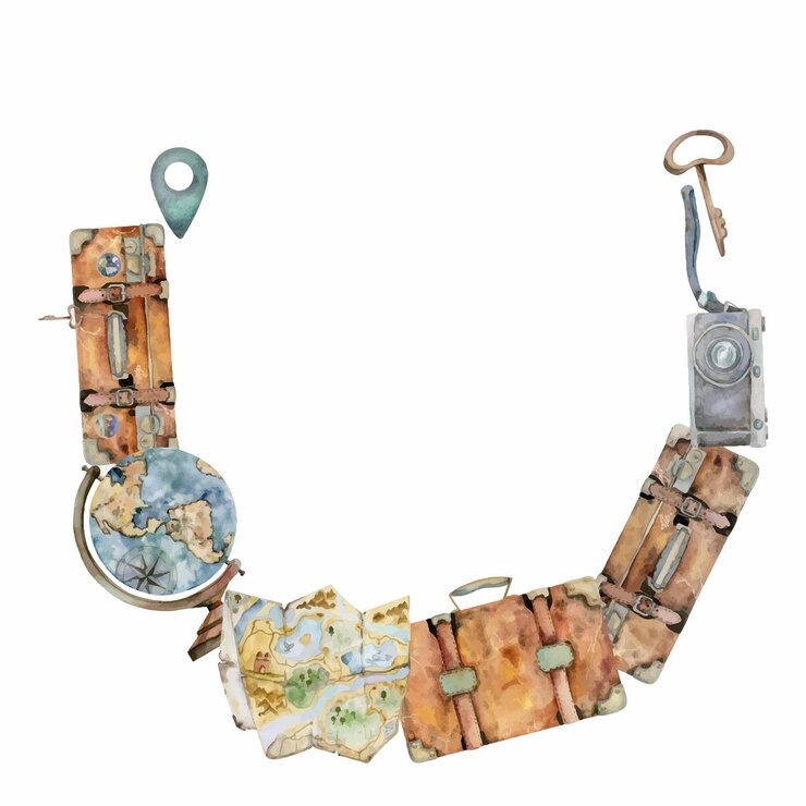 Vettore accessori turistici valigie valigie bottiglia a vuoto fotocamera mappa globo chiave acquerello disegnato a mano