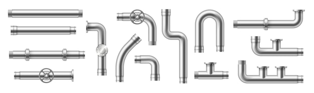 Acciaio inossidabile, tubi metallici, raccordi idraulici. Sistema di approvvigionamento di acqua, carburante o gas, conduttura dell'industria della raffineria di petrolio, sezioni imbullonate per fognature domestiche, parti isolate. 3d illustrazione vettoriale realistico