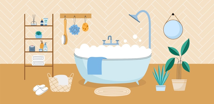 Accogliente bagno interno Stanza umida con mobile da bagno in schiuma con cosmetici per la cura e l'igiene casa spa creme shampoo bottiglie concetto vettoriale