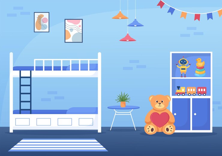 Vettore accogliente camera da letto per bambini con mobili in stile moderno in fumetto illustrazione vettoriale