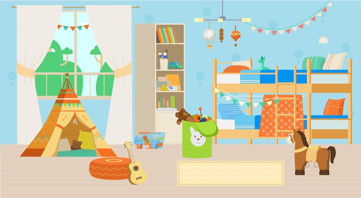 Vettore accogliente camera interna per bambini con giocattoli e decorazioni