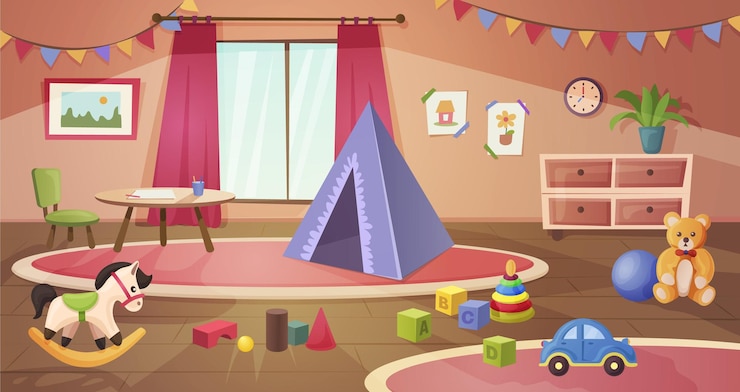 Vettore accogliente camera per bambini con giocattoli e mobili per bambini appartamento per bambini della scuola materna