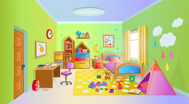 Vettore accogliente camera per bambini con giocattoli. illustrazione vettoriale in stile cartone animato.