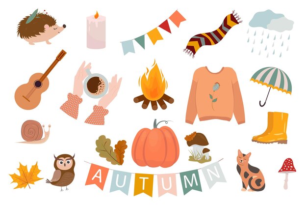 Accogliente set autunnale Collezione di elementi autunnali zucca funghi maglione sciarpa ombrello