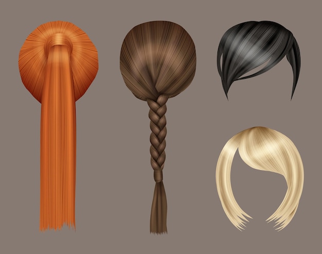 Acconciatura da donna. Modello di bellezza capelli lunghi glamour ricci colorati tipo insieme realistico di vettore. Taglio di capelli femminile di acconciatura, illustrazione di capelli lunghi parrucca di bellezza