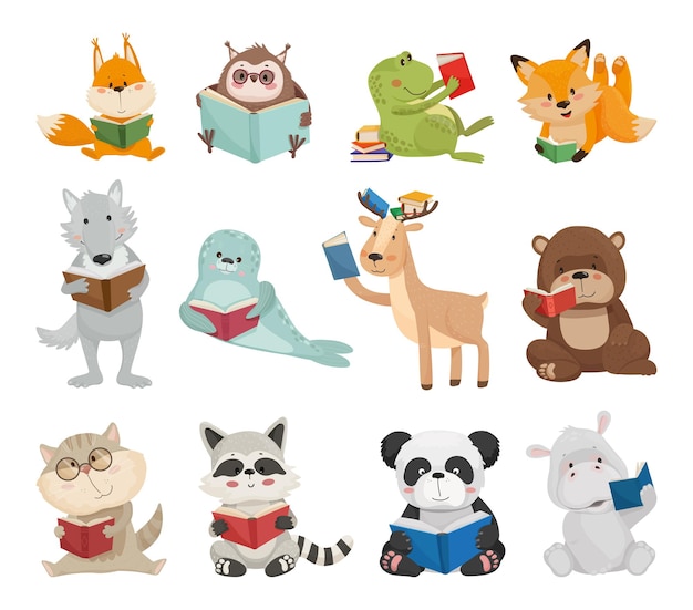 Accumulazione di vettore degli animali svegli del fumetto con i libri. Personaggi per libri per bambini, carte, adesivi, stampe. Illustrazioni per bambini.
