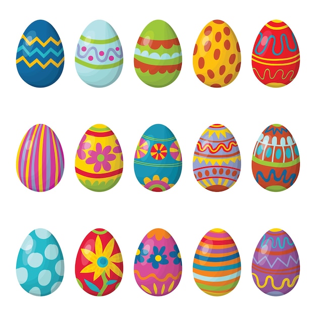 Accumulazione sveglia del fumetto ornamentale Happy Easter eggs isolato su priorità bassa bianca. Insieme di arte di clip