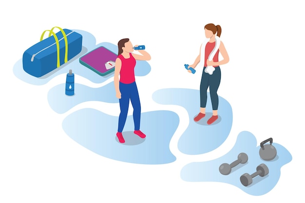 Acqua da bere per la reidratazione della donna dopo l'allenamento con uno stile isometrico moderno
