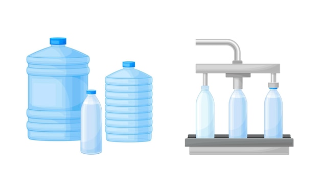 Acqua potabile versata in bottiglie di plastica e spostata su un set vettoriale a nastro trasportatore