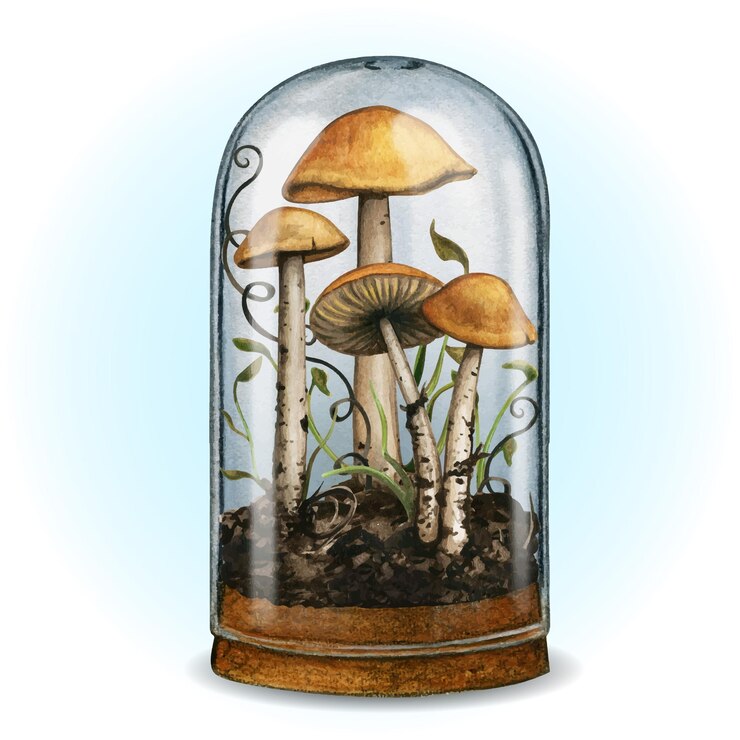 Vettore acquerello a mano disegnato cupola di vetro con funghi