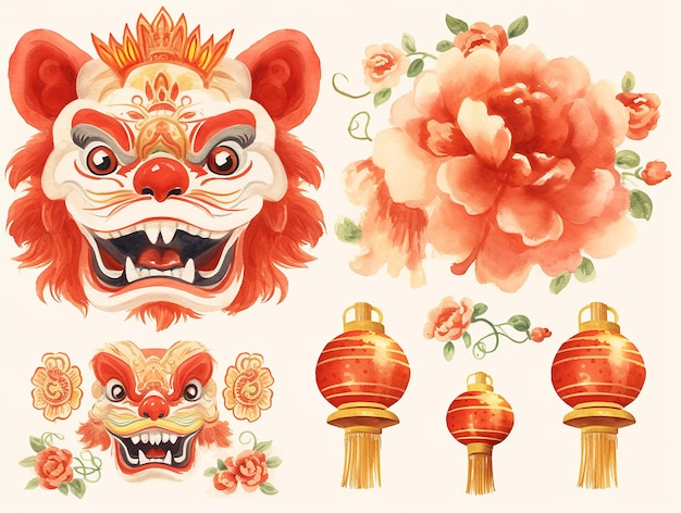 Acquerello astratto dell'elemento decorativo del nuovo anno cinese con sfondo di colore rosso e bianco Decorazione lanterna nuvole fiori leone danza drago ombrello set collezione per modello
