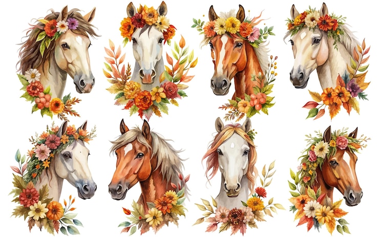 Vettore acquerello autunno autunno testa di cavallo floreale clipart illustrazioni isolate su sfondo bianco