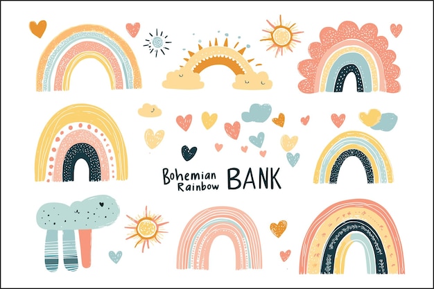Acquerello Boho Rainbow Clipart Bundle dipinto a mano Bohemian Pastel Art Set Boho Rainbow