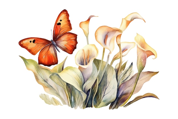 Acquerello calla lilies natura collezione decorativa botanica Illustrazione vettoriale raccolta isolata set di foglie tropicali