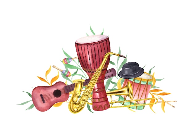 Acquerello carnevale strumenti musicali cappello nero tra naive foglie di arancione verde illustrazione chitarra sassofono djembe tamburo maraca festival brasiliano Mardi Gras composizione per poster