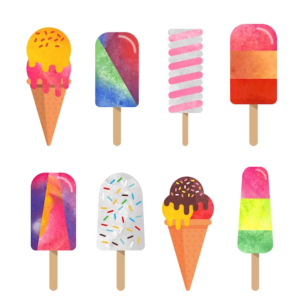 Acquerello colorato delizioso dessert dolce cibo ghiaccio ghiaccioli collezione