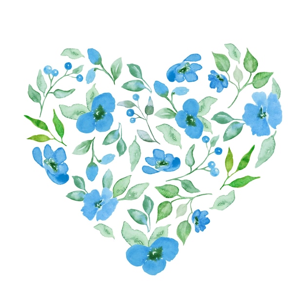 Acquerello cuore floreale con fiori blu carini illustrazione disegnata a mano Vector EPS