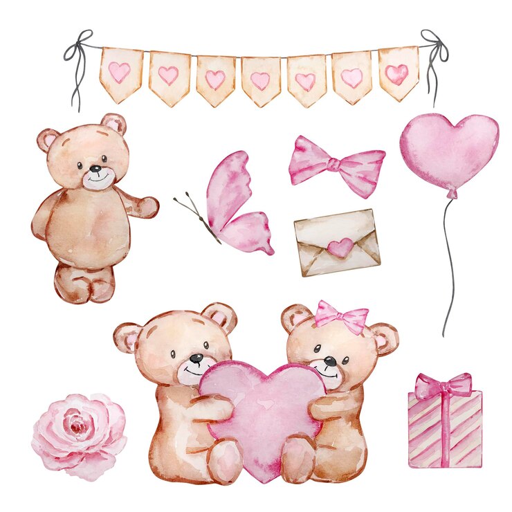 Vettore acquerello cute teddy bears san valentino
